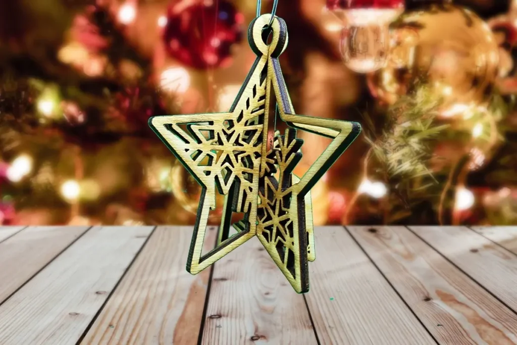 3D Laser Cut Wooden Star Snowflake Christmas Ornament Holiday Seasonal Sparkle
